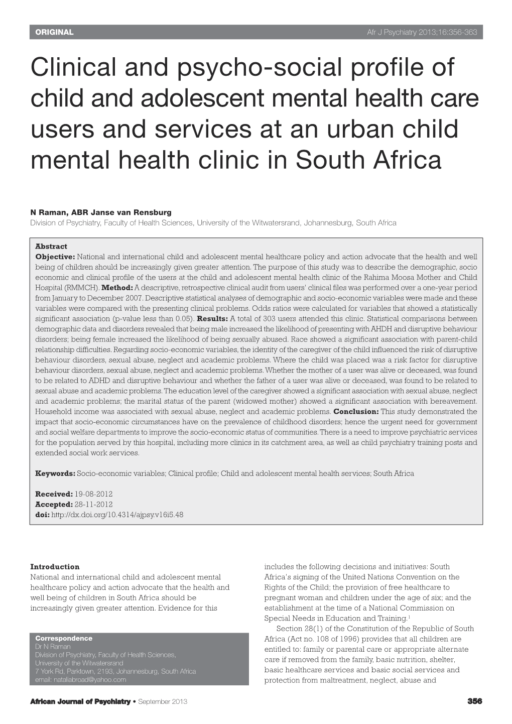 Clinical and Psycho-Social Profile of Child and Adolescent Mental Health Care Users and Services at an Urban Child Mental Health Clinic in South Africa