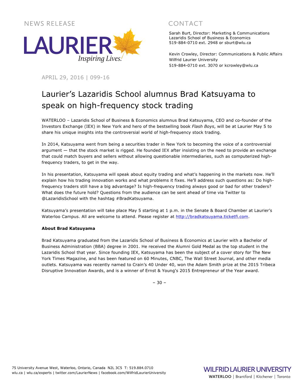 Laurier's Lazaridis School Alumnus Brad Katsuyama To