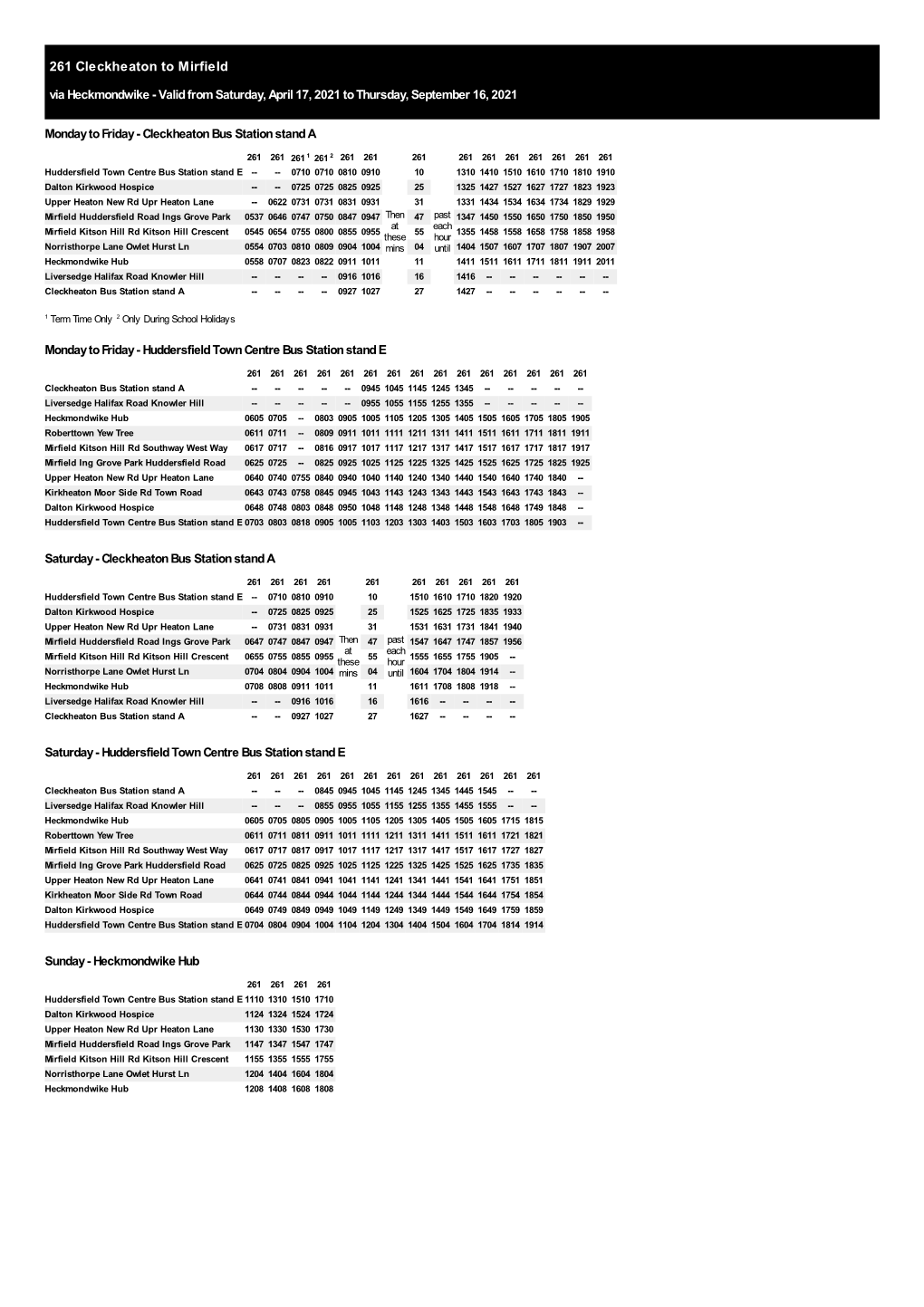 261 Cleckheaton to Mirfield Via Heckmondwike - Valid from Saturday, April 17, 2021 to Thursday, September 16, 2021