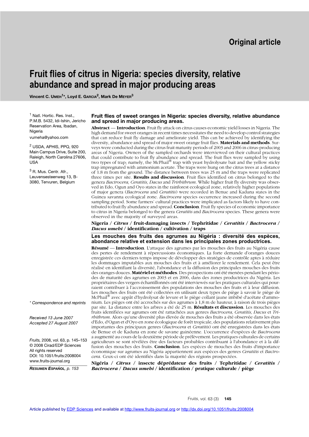 Fruit Flies of Citrus in Nigeria: Species Diversity, Relative Abundance and Spread in Major Producing Areas