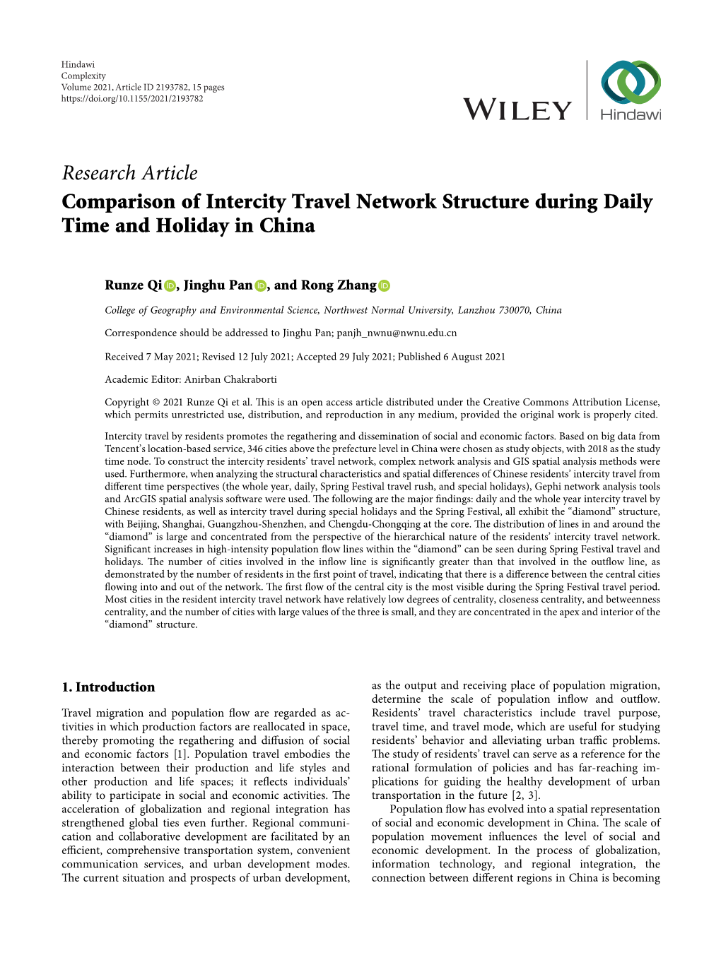 Comparison of Intercity Travel Network Structure During Daily Time and Holiday in China