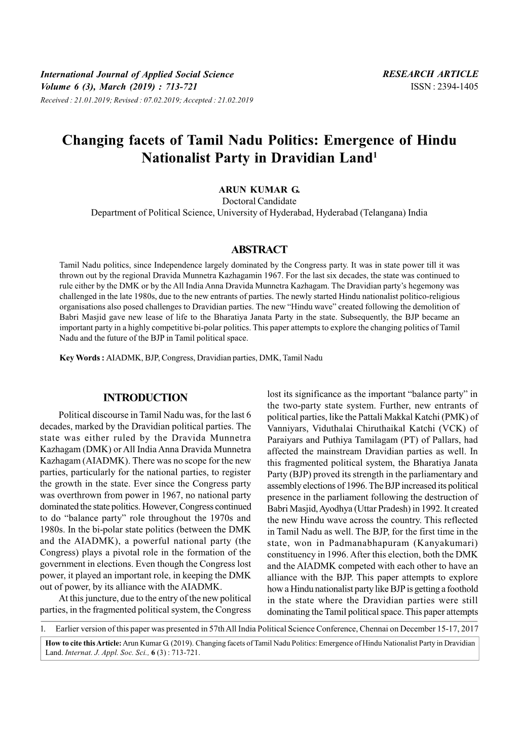 Changing Facets of Tamil Nadu Politics: Emergence of Hindu Nationalist Party in Dravidian Land1