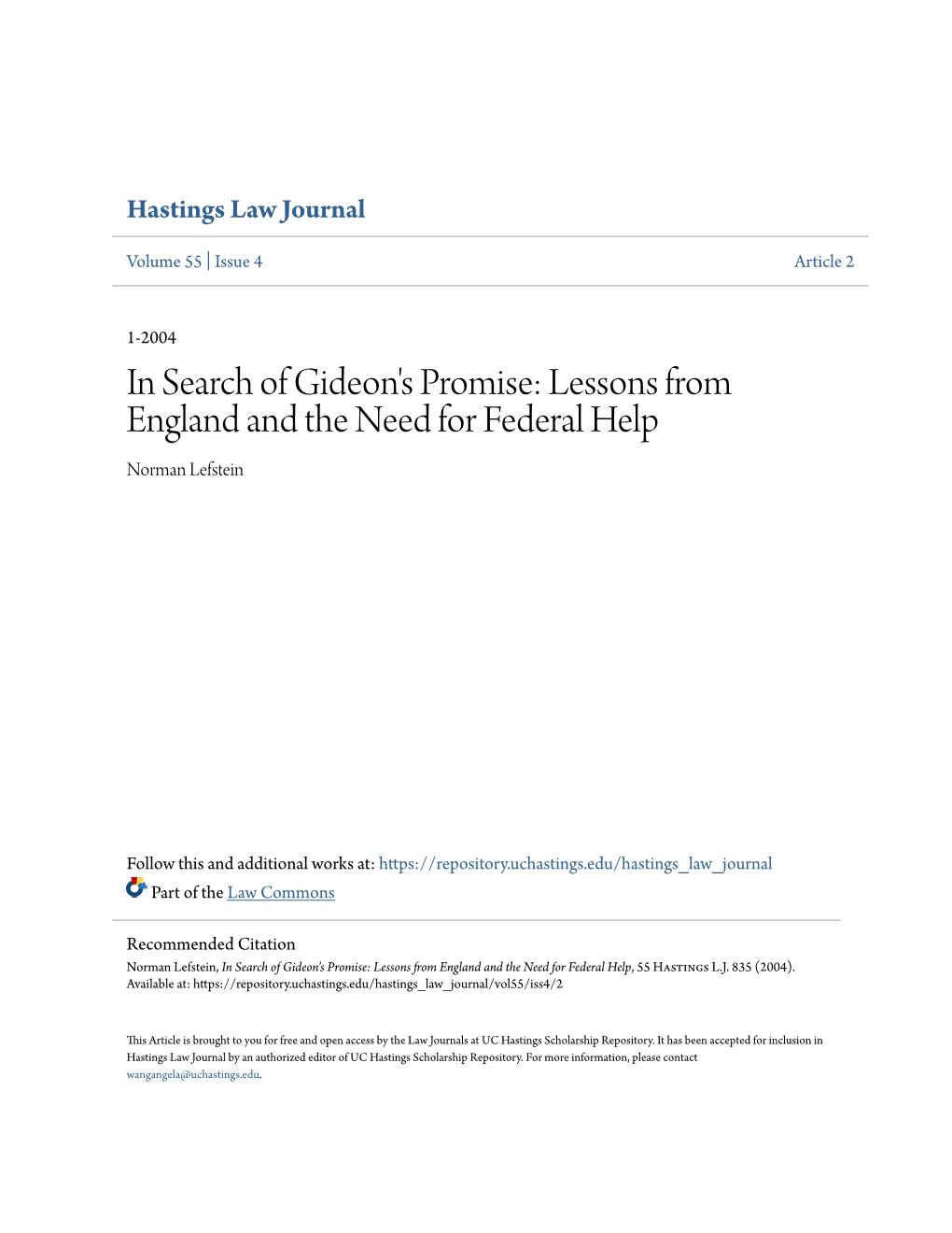 In Search of Gideon's Promise: Lessons from England and the Need for Federal Help Norman Lefstein
