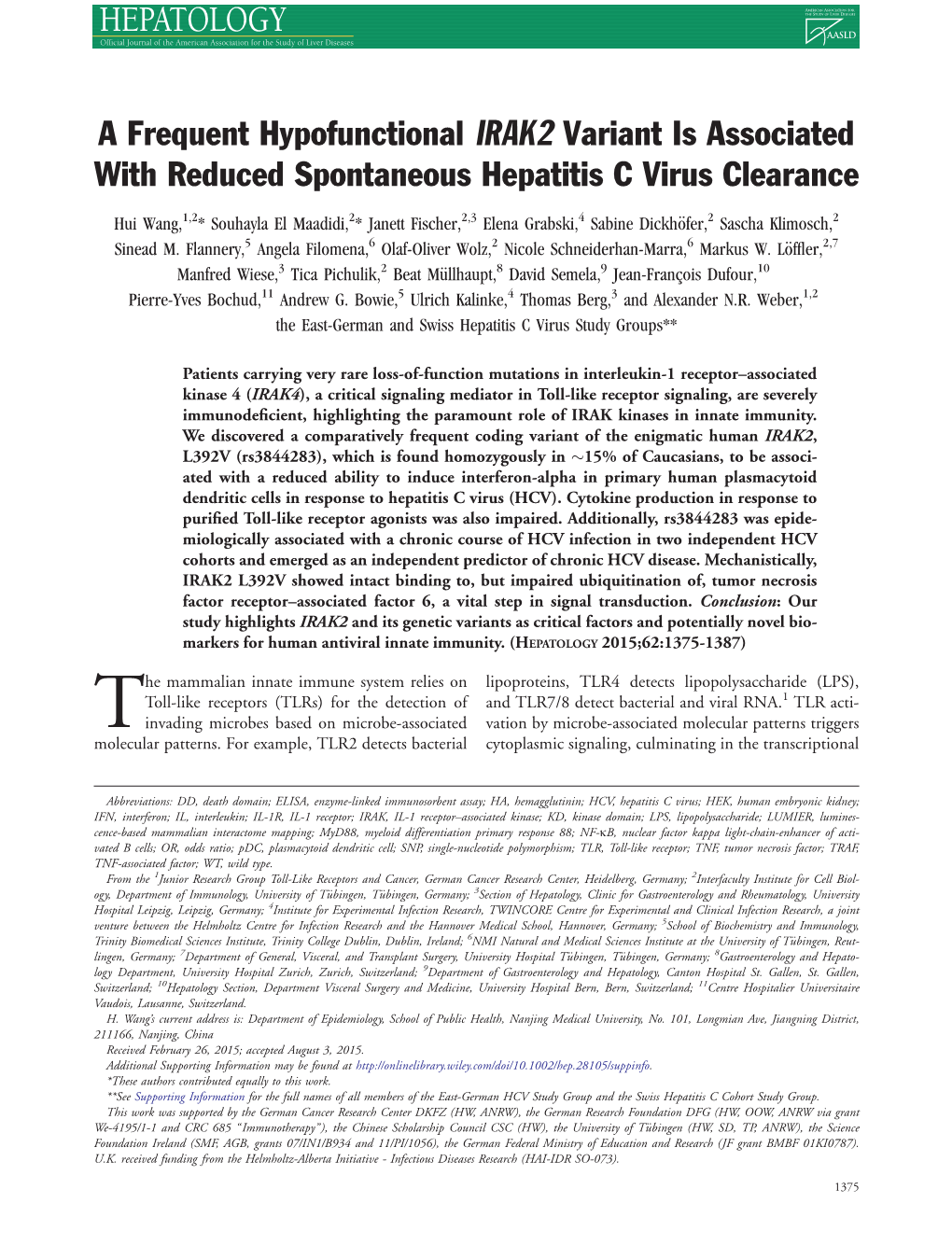 A Frequent Hypofunctional IRAK2 Variant Is Associated with Reduced Spontaneous Hepatitis C Virus Clearance