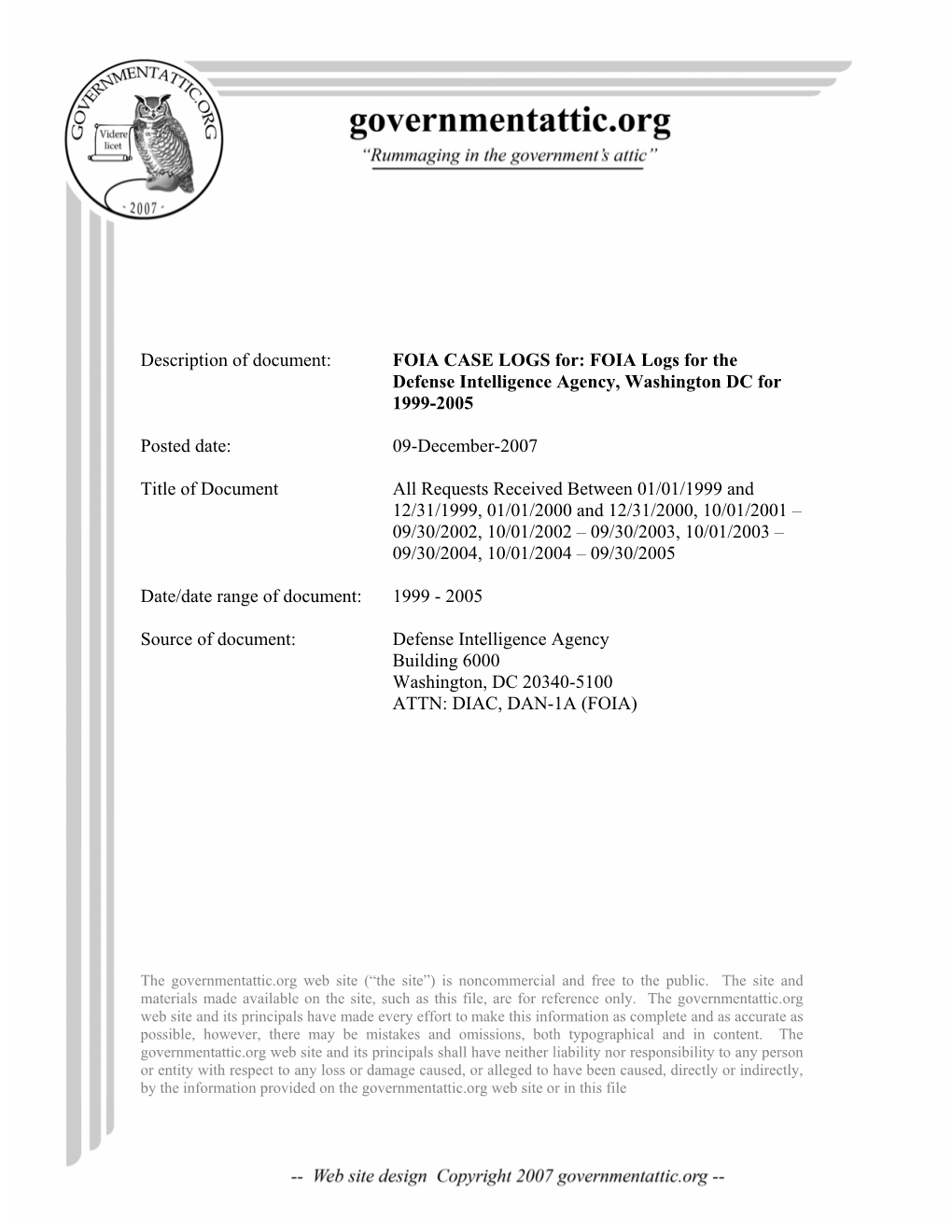 FOIA Logs for the Defense Intelligence Agency for 1999-2005