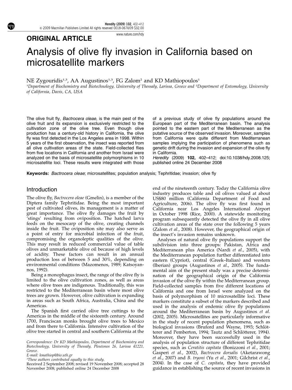 Analysis of Olive Fly Invasion in California Based on Microsatellite Markers