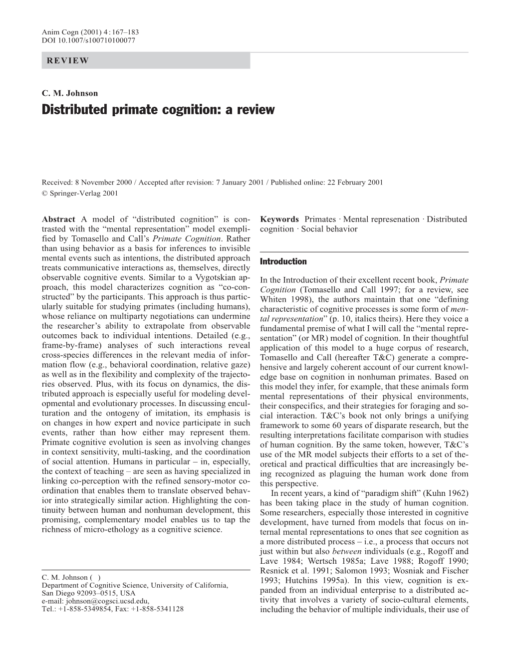 Distributed Primate Cognition: a Review