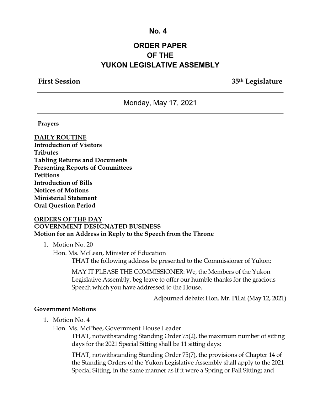 Order Paper of the Yukon Legislative Assembly