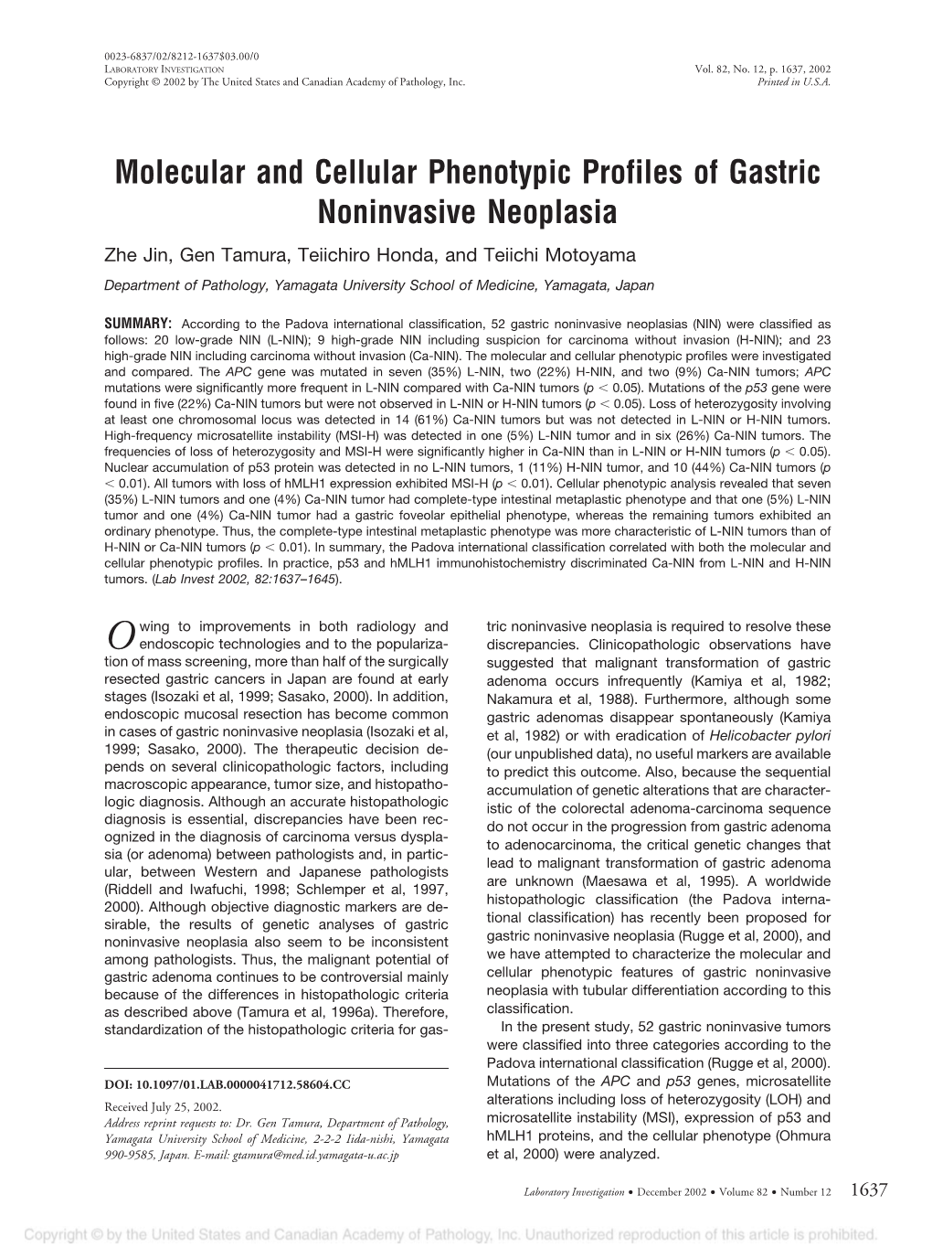 Molecular and Cellular Phenotypic Profiles of Gastric Noninvasive Neoplasia