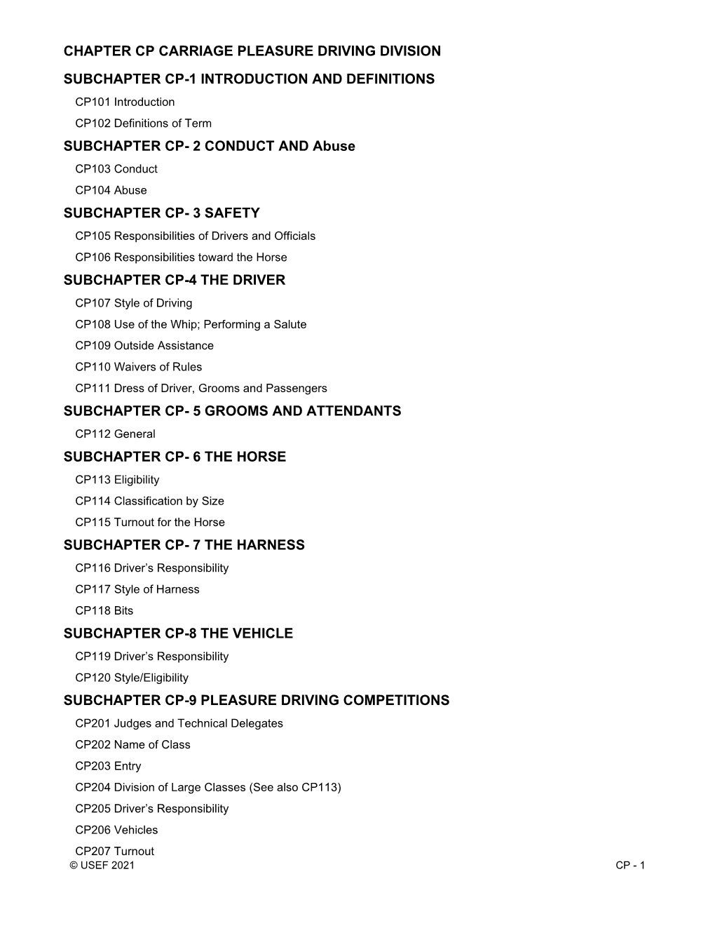 Chapter Cp Carriage Pleasure Driving Division Subchapter Cp-1