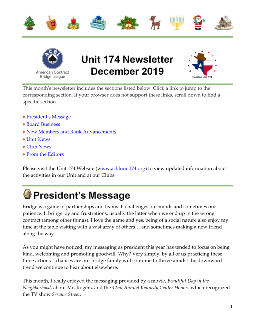 1 This Month's Newsletter Includes the Sections Listed Below. Click a Link To