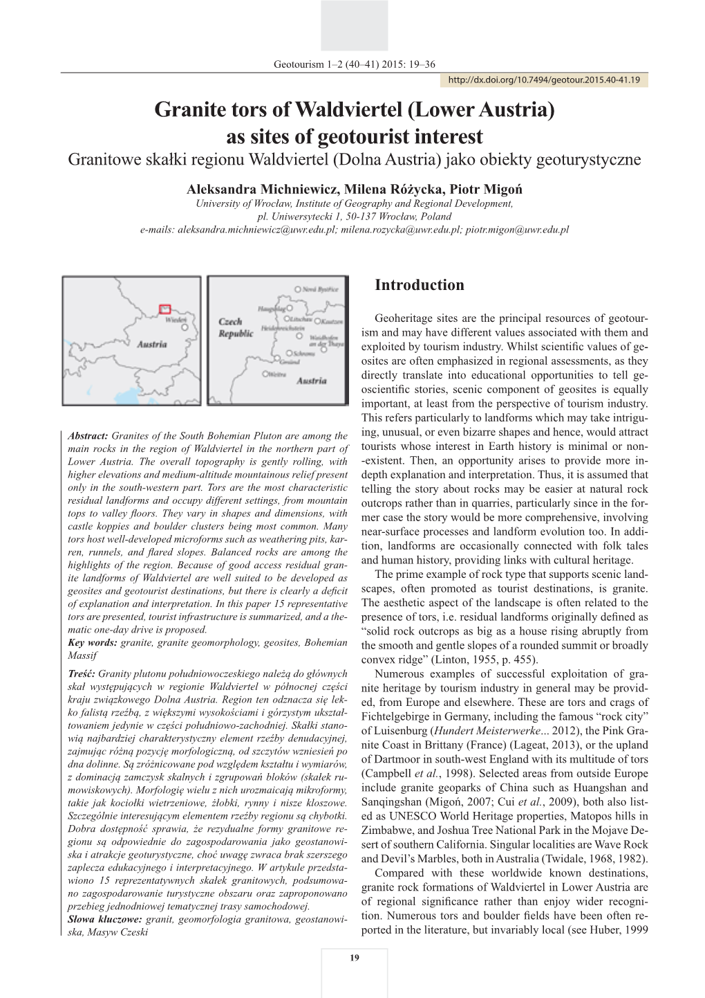 Granite Tors of Waldviertel (Lower Austria) As Sites of Geotourist Interest