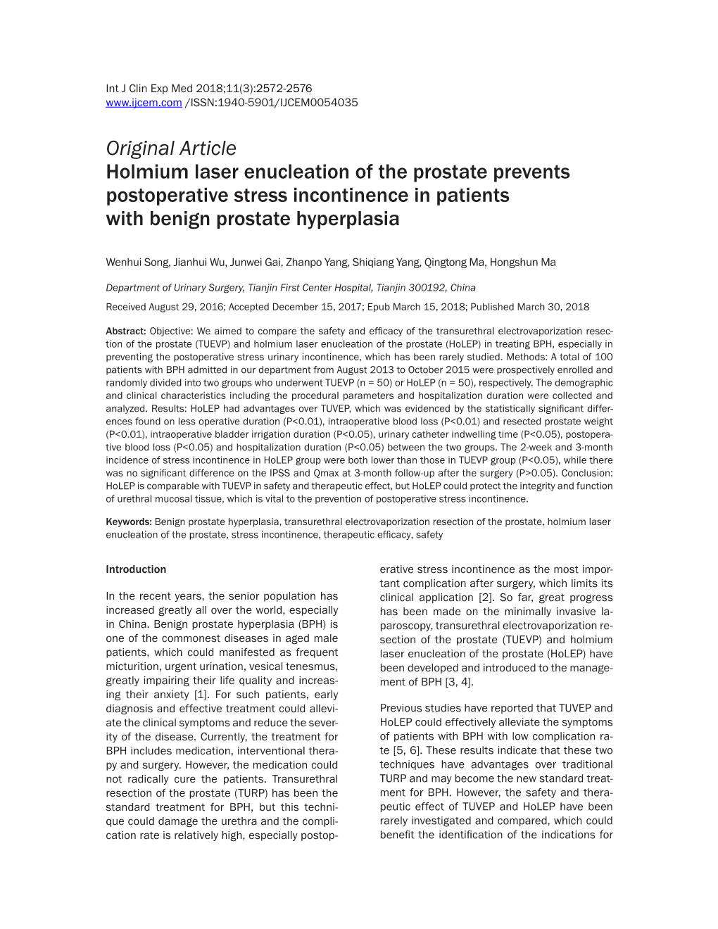 Original Article Holmium Laser Enucleation of the Prostate Prevents Postoperative Stress Incontinence in Patients with Benign Prostate Hyperplasia