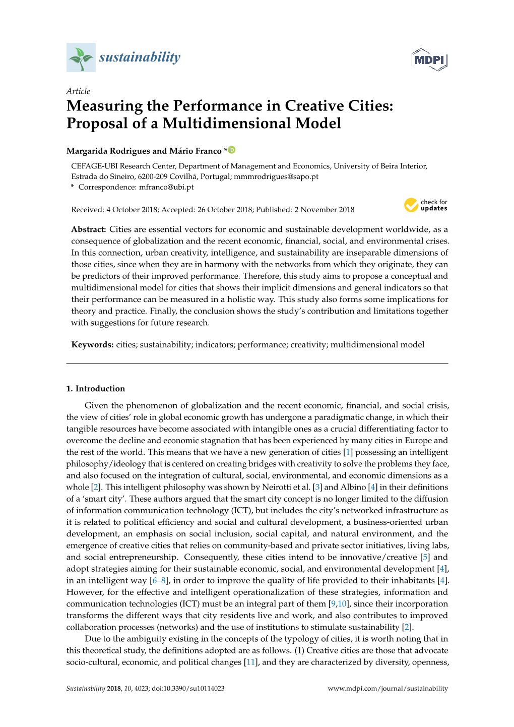 Measuring the Performance in Creative Cities: Proposal of a Multidimensional Model