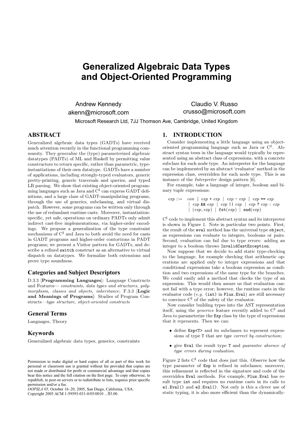 Generalized Algebraic Data Types and Object-Oriented Programming