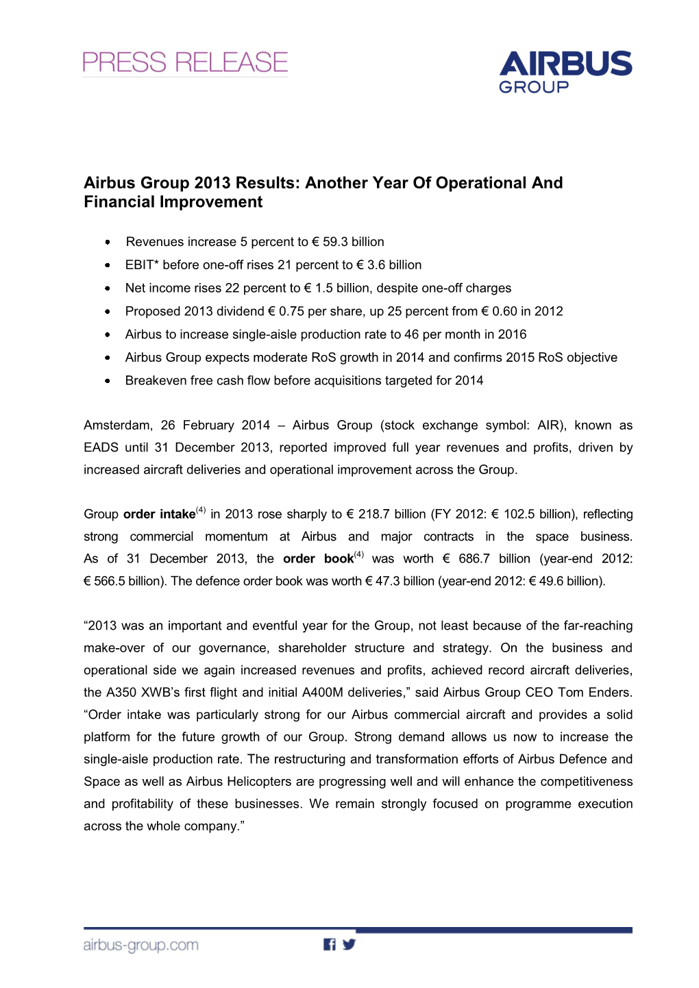 Airbus Group 2013 Results: Another Year of Operational and Financial Improvement