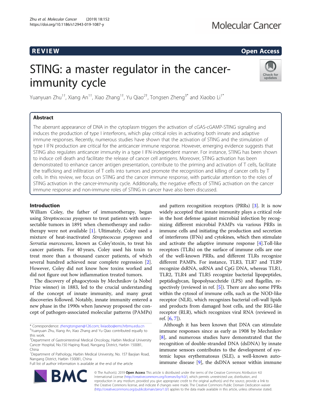 STING: a Master Regulator in the Cancer- Immunity Cycle Yuanyuan Zhu1†, Xiang An1†, Xiao Zhang1†, Yu Qiao2†, Tongsen Zheng3* and Xiaobo Li1*