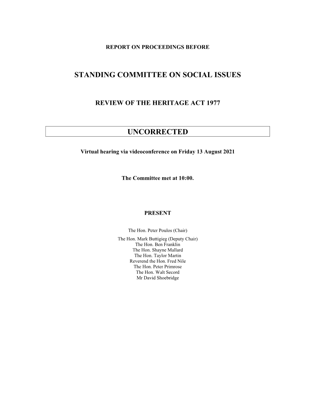 Standing Committee on Social Issues Uncorrected