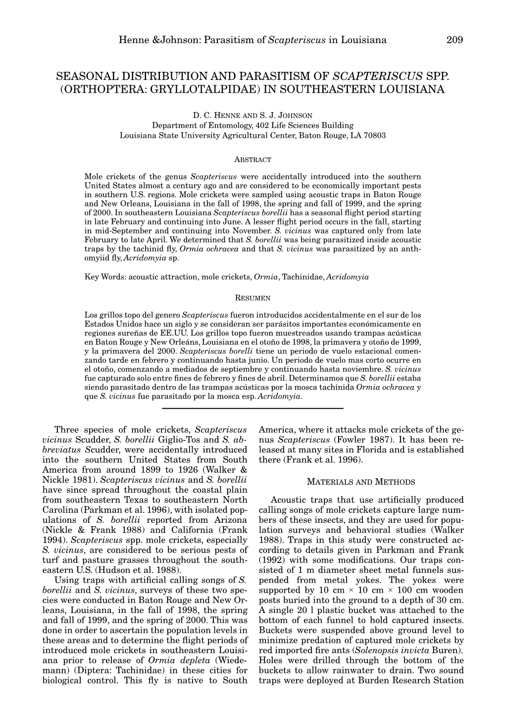 Seasonal Distribution and Parasitism of Scapteriscus Spp