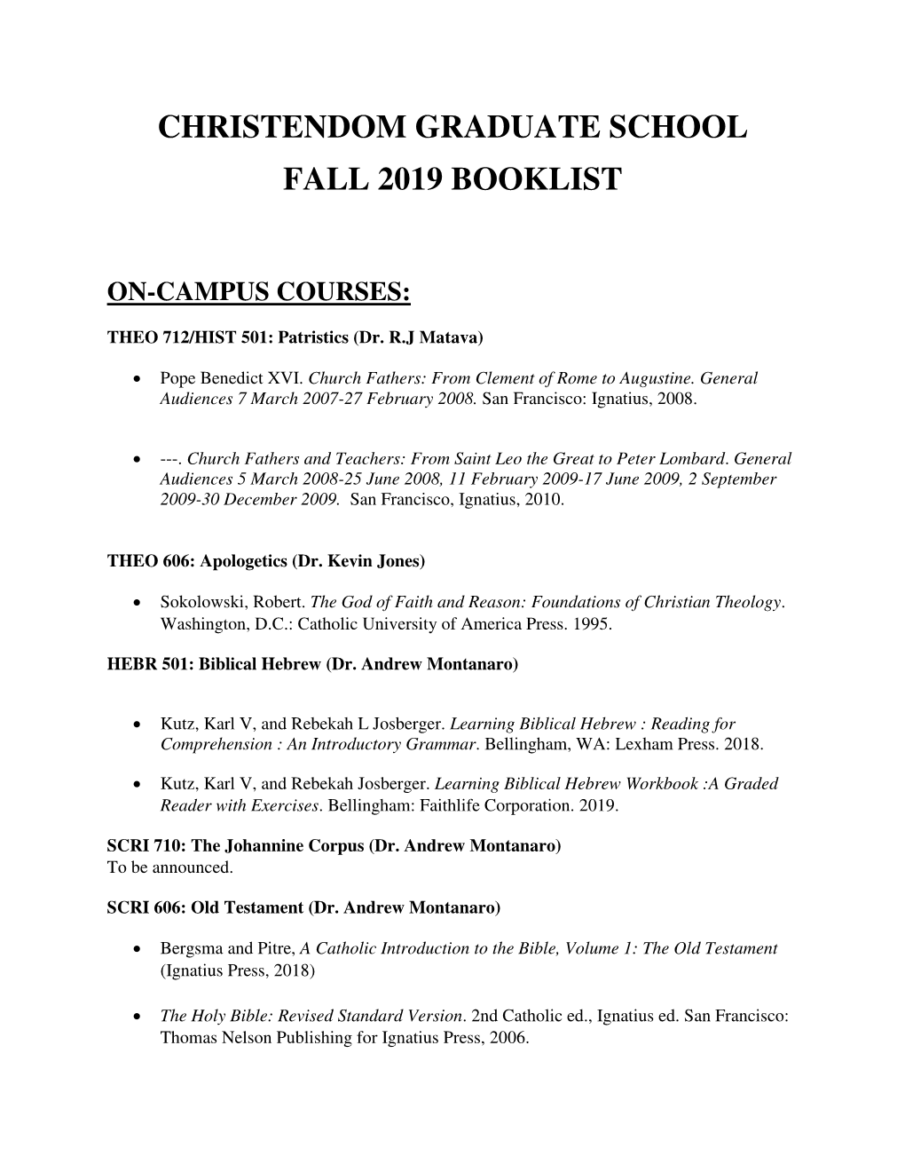 Christendom Graduate School Fall 2019 Booklist