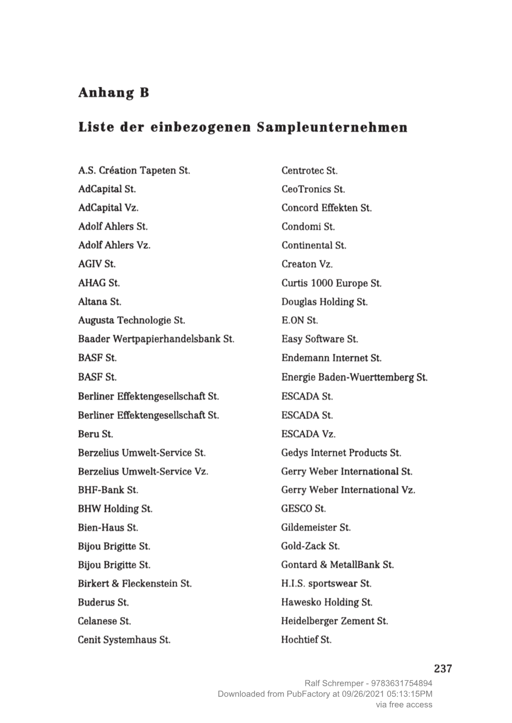 Anhang B Liste Der Einbezogenen Sampleunternehmen