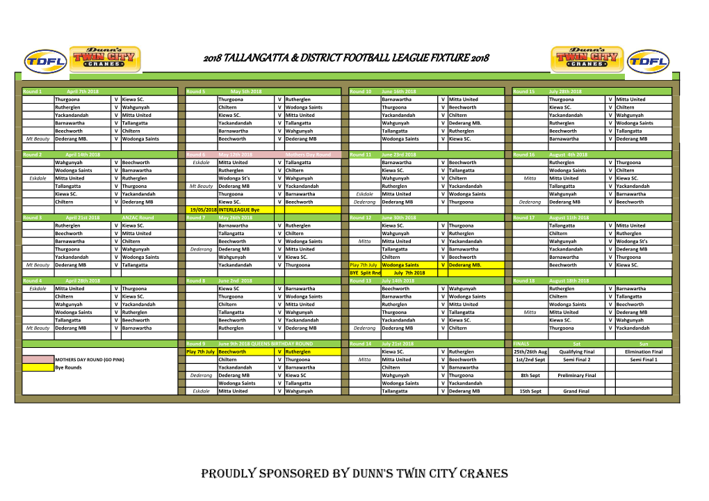 2018 TDFL Fixture