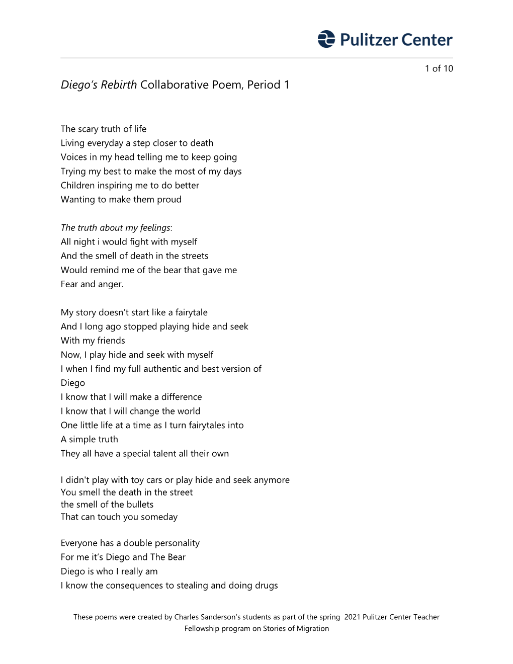 Diego's Rebirth Collaborative Poem, Period 1