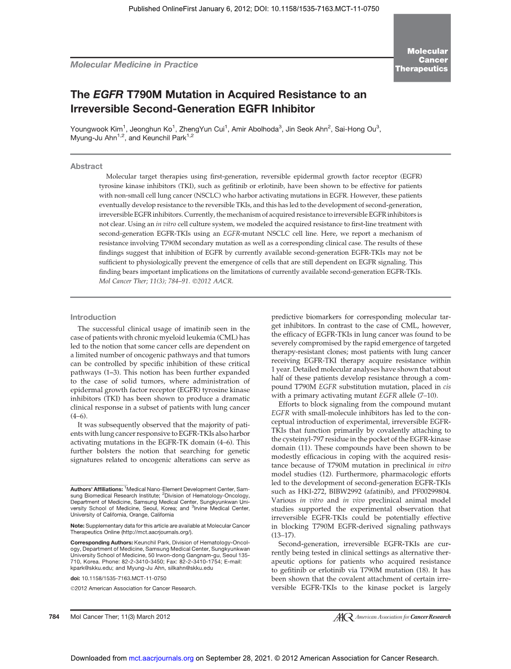 The EGFR T790M Mutation in Acquired Resistance to an Irreversible Second-Generation EGFR Inhibitor