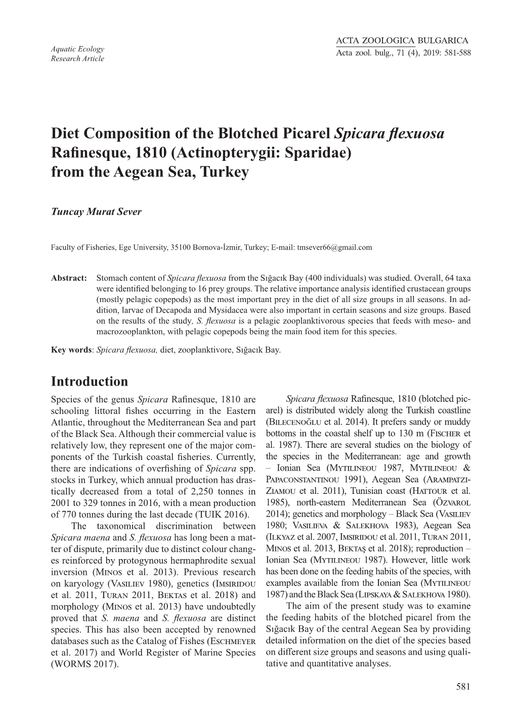 Diet Composition of the Blotched Picarel Spicara Flexuosa Rafinesque, 1810 (Actinopterygii: Sparidae) from the Aegean Sea, Turkey