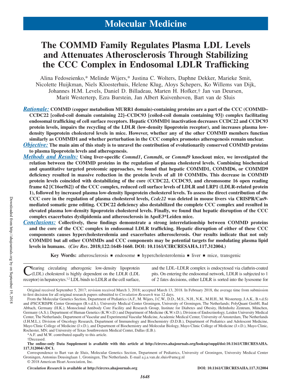 The COMMD Family Regulates Plasma LDL Levels and Attenuates Atherosclerosis Through Stabilizing the CCC Complex in Endosomal LDLR Trafficking