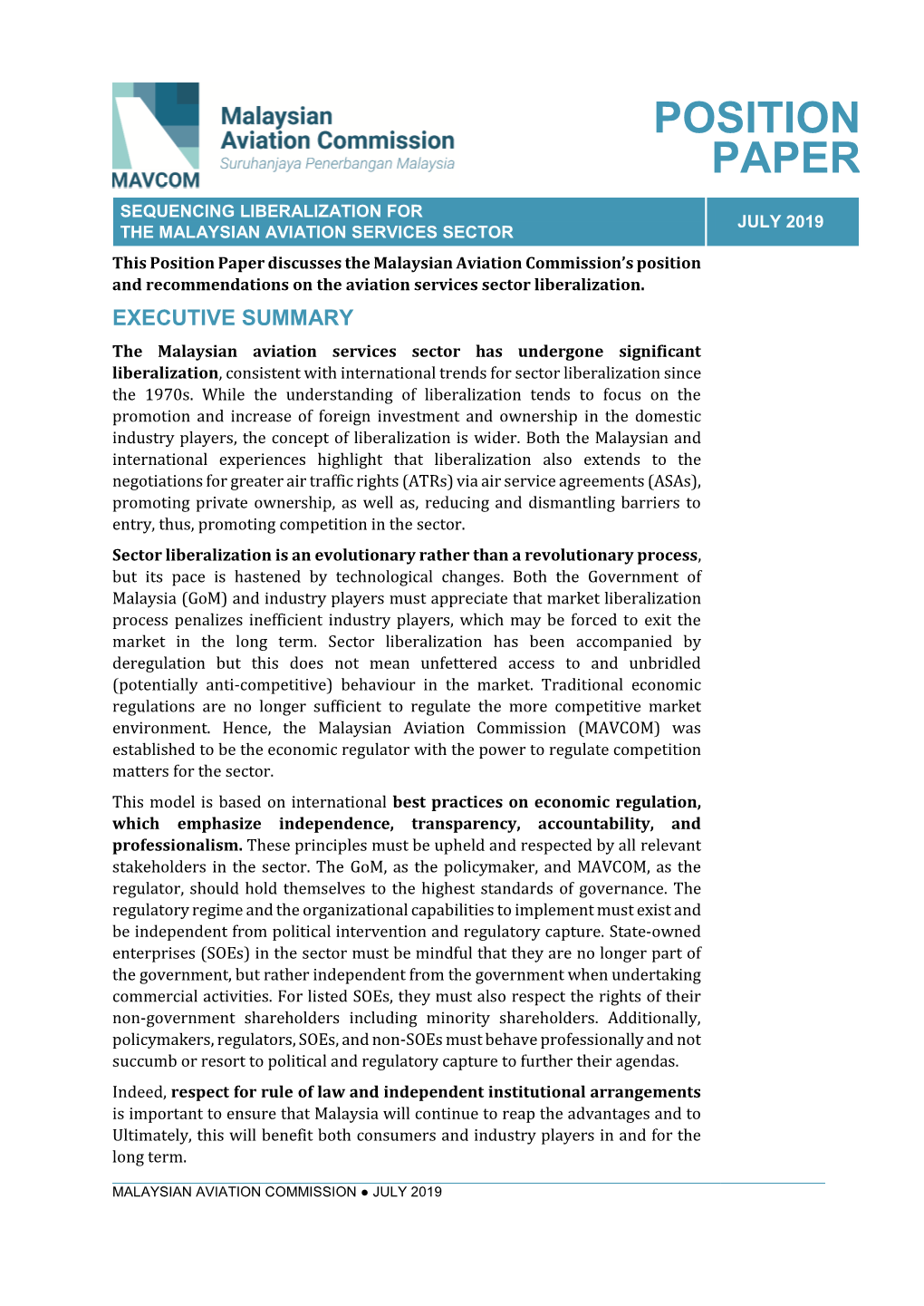 Position Paper: Sequencing Liberalisation for the Malaysian Aviation Services Sector