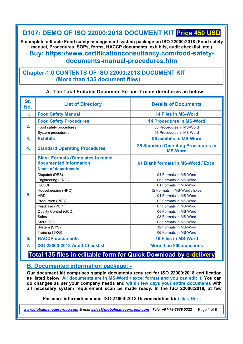 ISO 22000:2018 Documents with Manual, Procedures, Audit Checklist