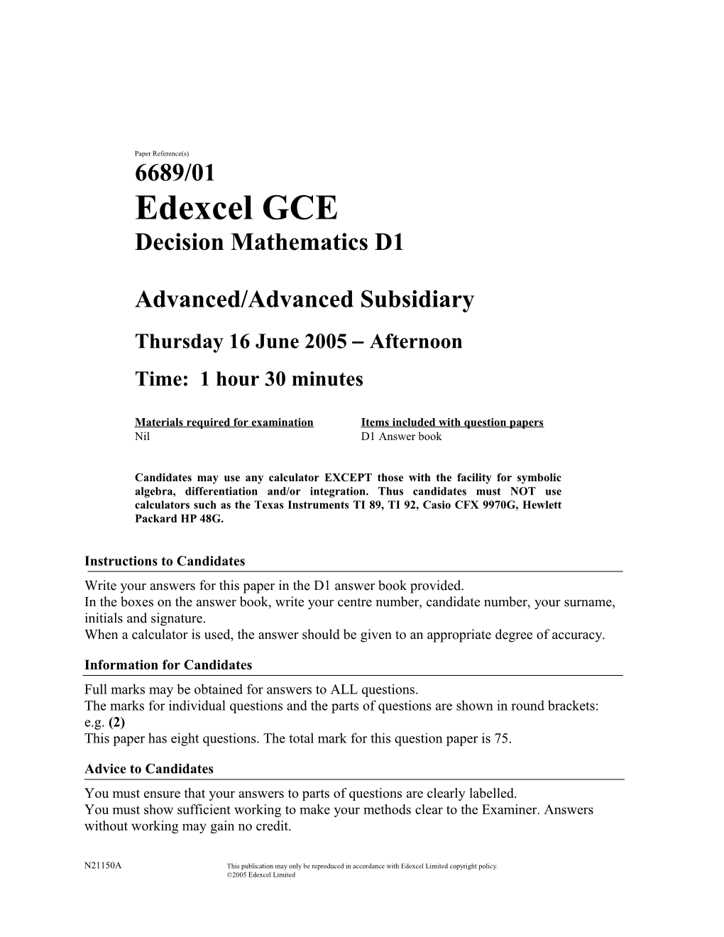 June 2005 - 6689 Decision D1 - Question Paper