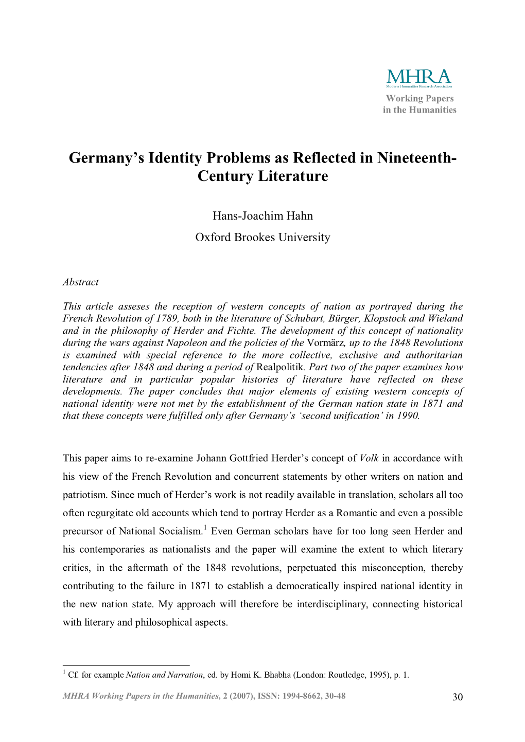 Germany's Identity Problems As Reflected in Nineteenth- Century Literature