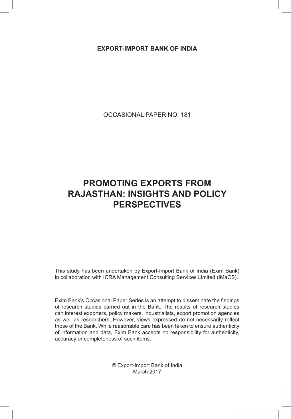 Promoting Exports from Rajasthan: Insights and Policy Perspectives