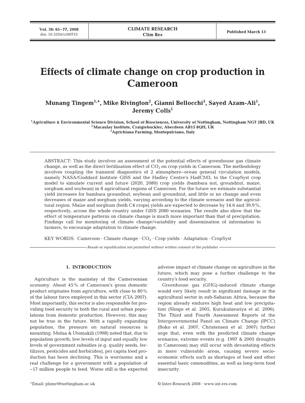 Effects of Climate Change on Crop Production in Cameroon