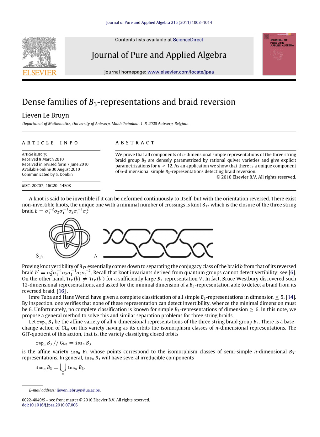 Dense Families of B3-Representations and Braid Reversion