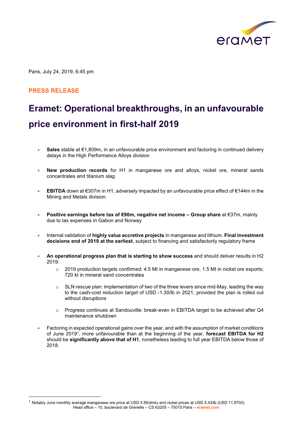 Eramet: Operational Breakthroughs, in an Unfavourable Price Environment in First-Half 2019