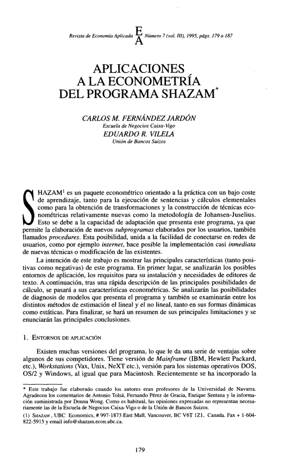 A Aplicaciones Del Programa Shazam* a La Econometría