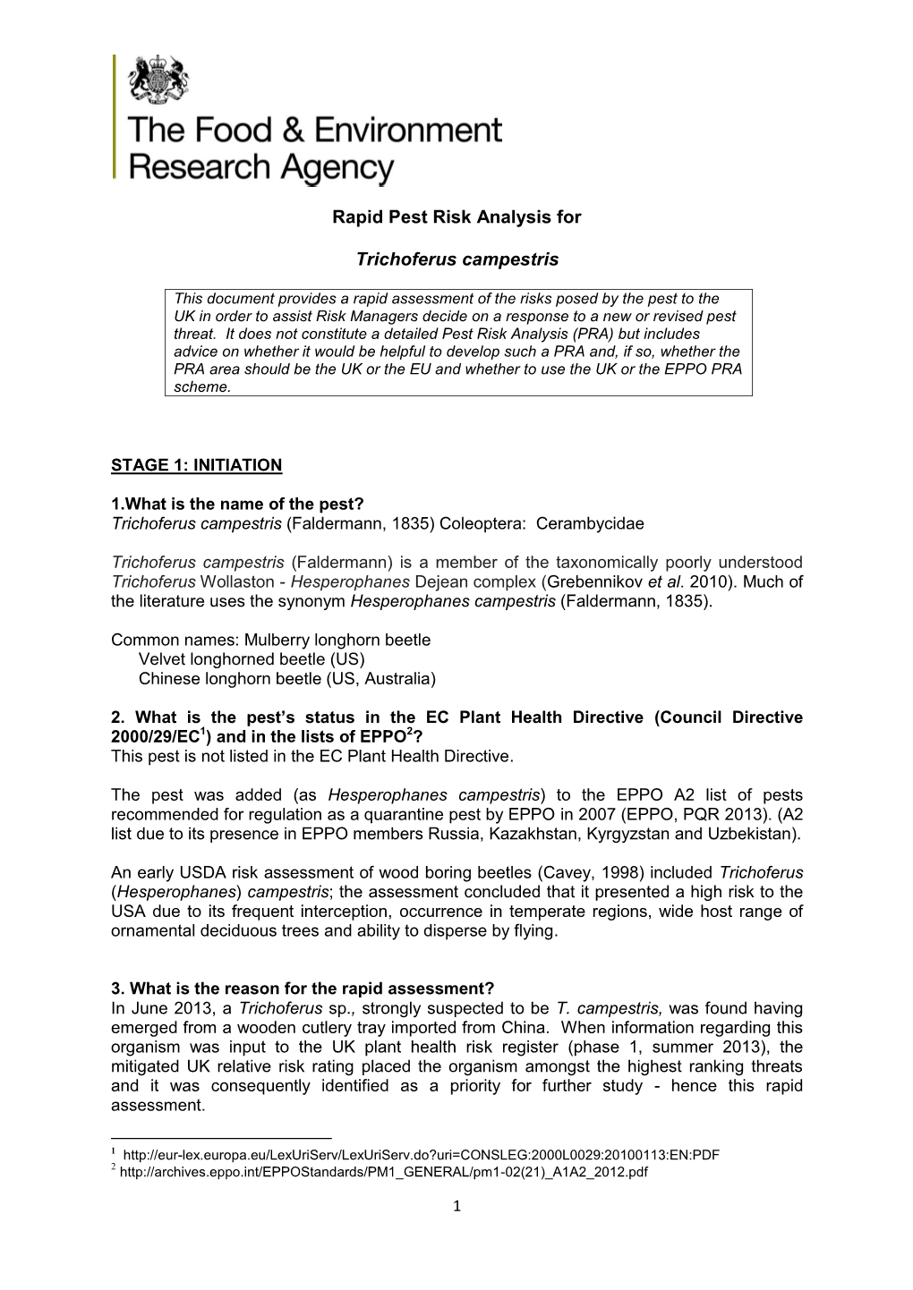 Rapid Pest Risk Analysis for Trichoferus Campestris