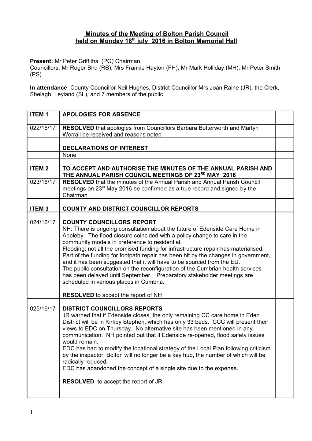 Minutes of the Meeting of Bolton Parish Council