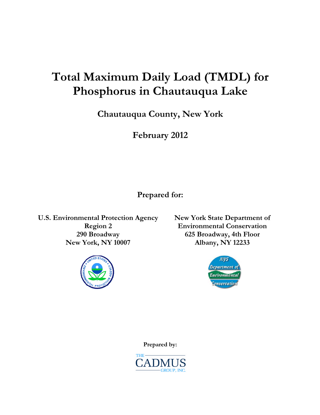 Total Maximum Daily Load (TMDL) for Phosphorus in Chautauqua Lake