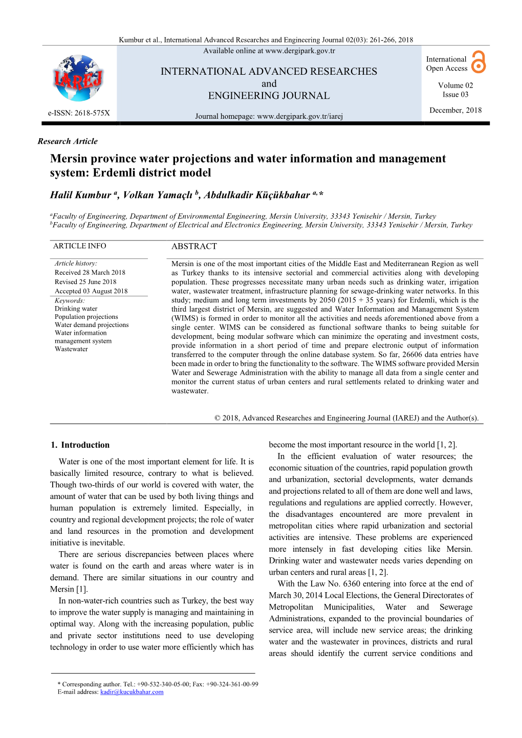 Mersin Province Water Projections and Water Information and Management System: Erdemli District Model