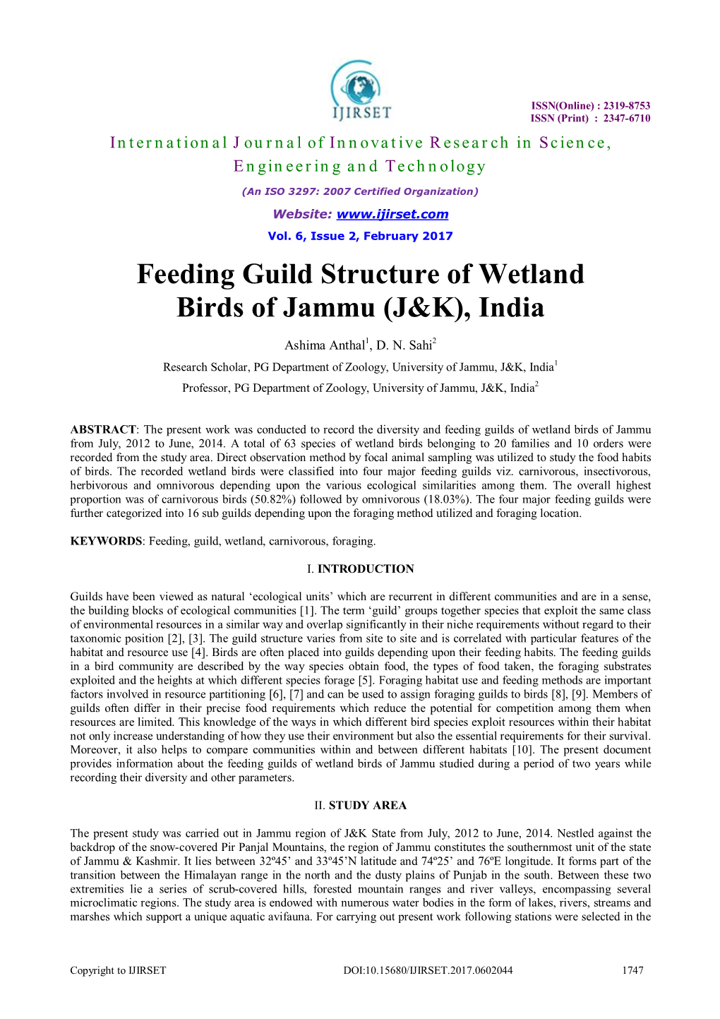 Feeding Guild Structure of Wetland Birds of Jammu (J&K), India