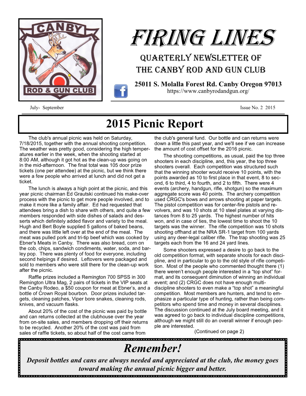 FIRING LINES Quarterly Newsletter of the Canby Rod and Gun Club 25011 S