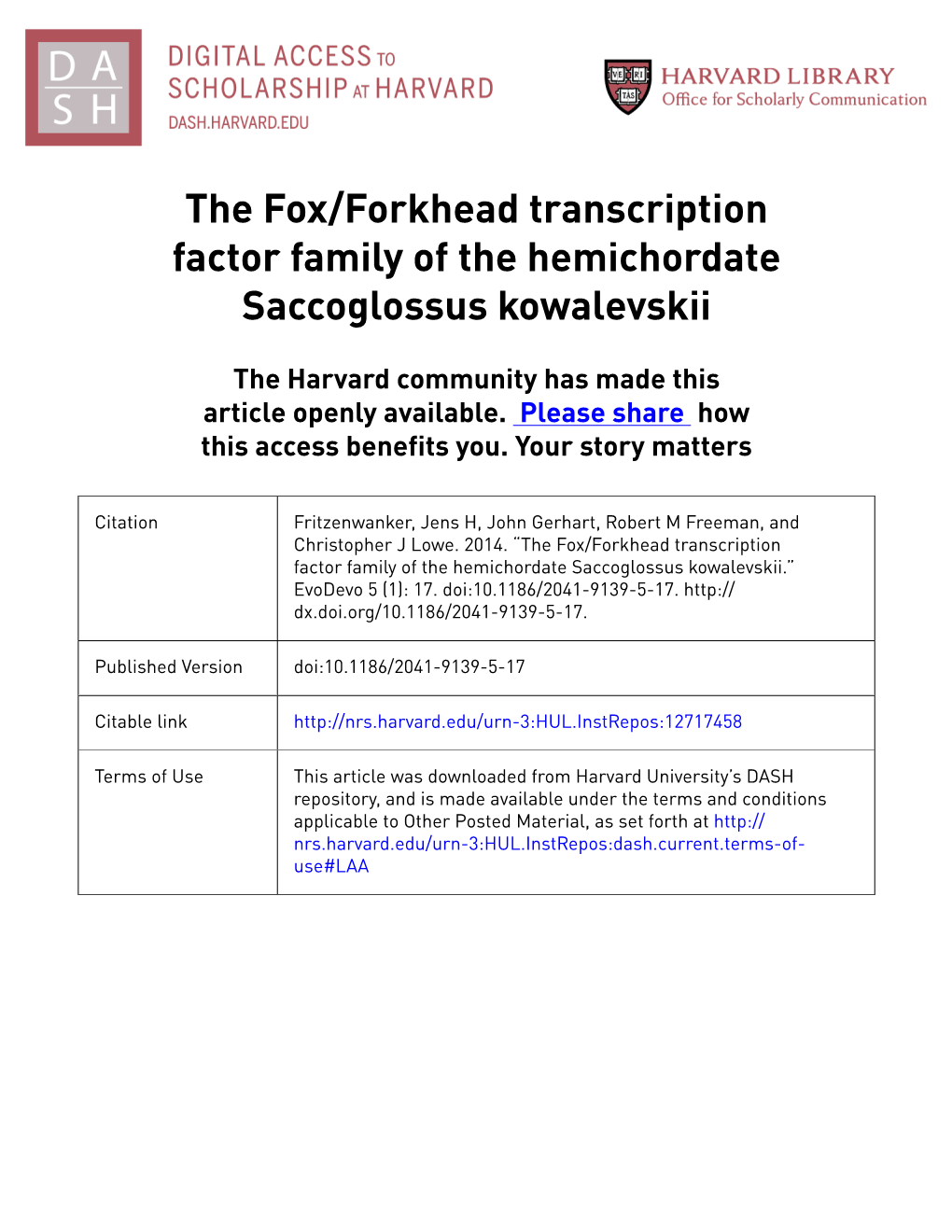 The Fox/Forkhead Transcription Factor Family of the Hemichordate Saccoglossus Kowalevskii