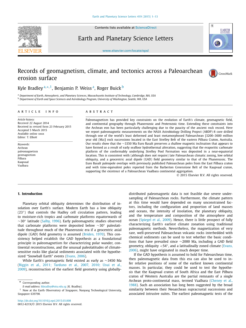 Records of Geomagnetism, Climate, and Tectonics Across a Paleoarchean Erosion Surface ∗ Kyle Bradley A, ,1, Benjamin P