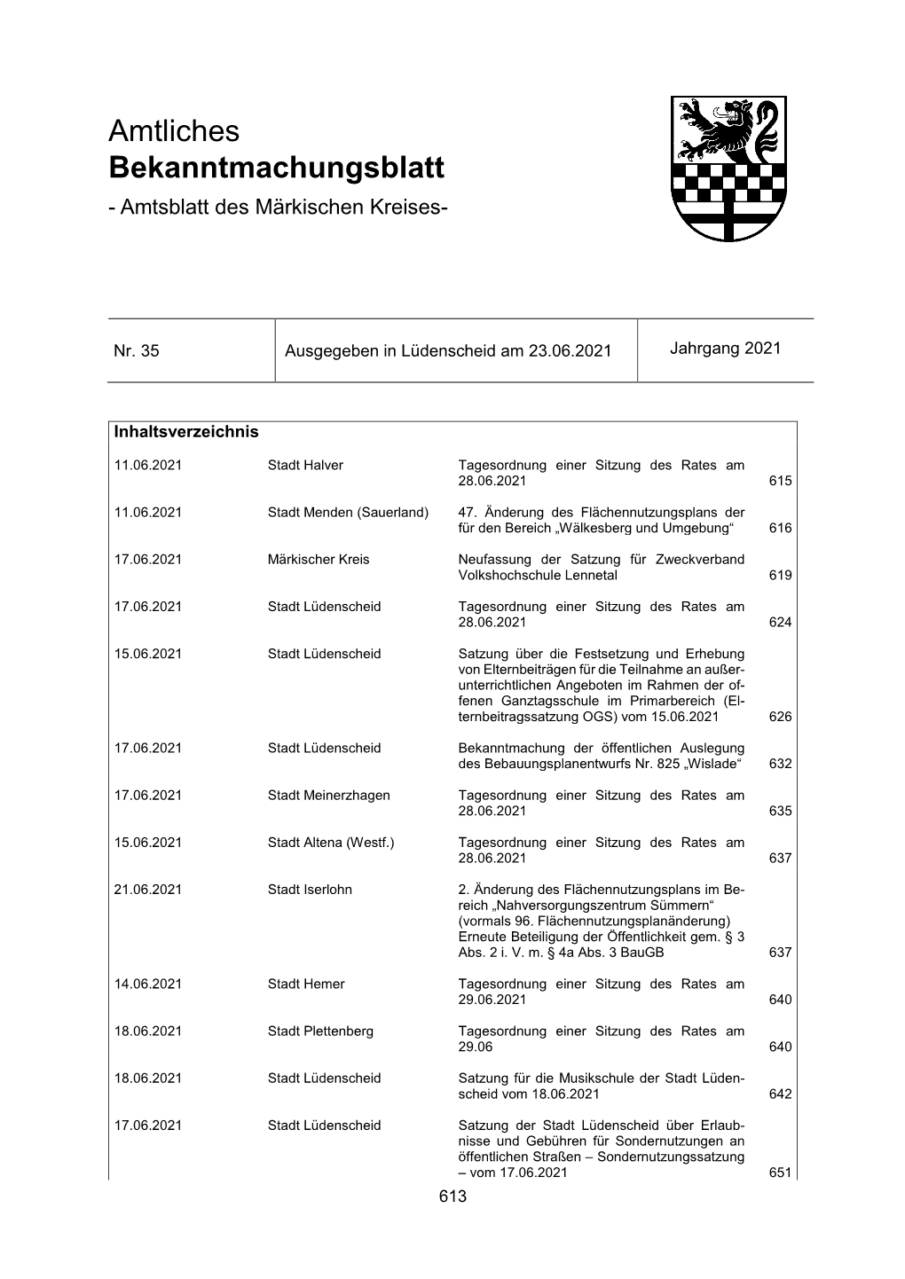 Amtliches Bekanntmachungsblatt - Amtsblatt Des Märkischen Kreises