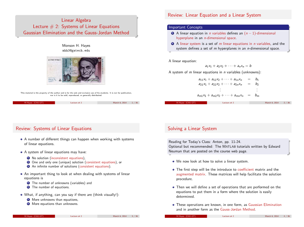 Linear Algebra Lecture # 2: Systems of Linear Equations Gaussian