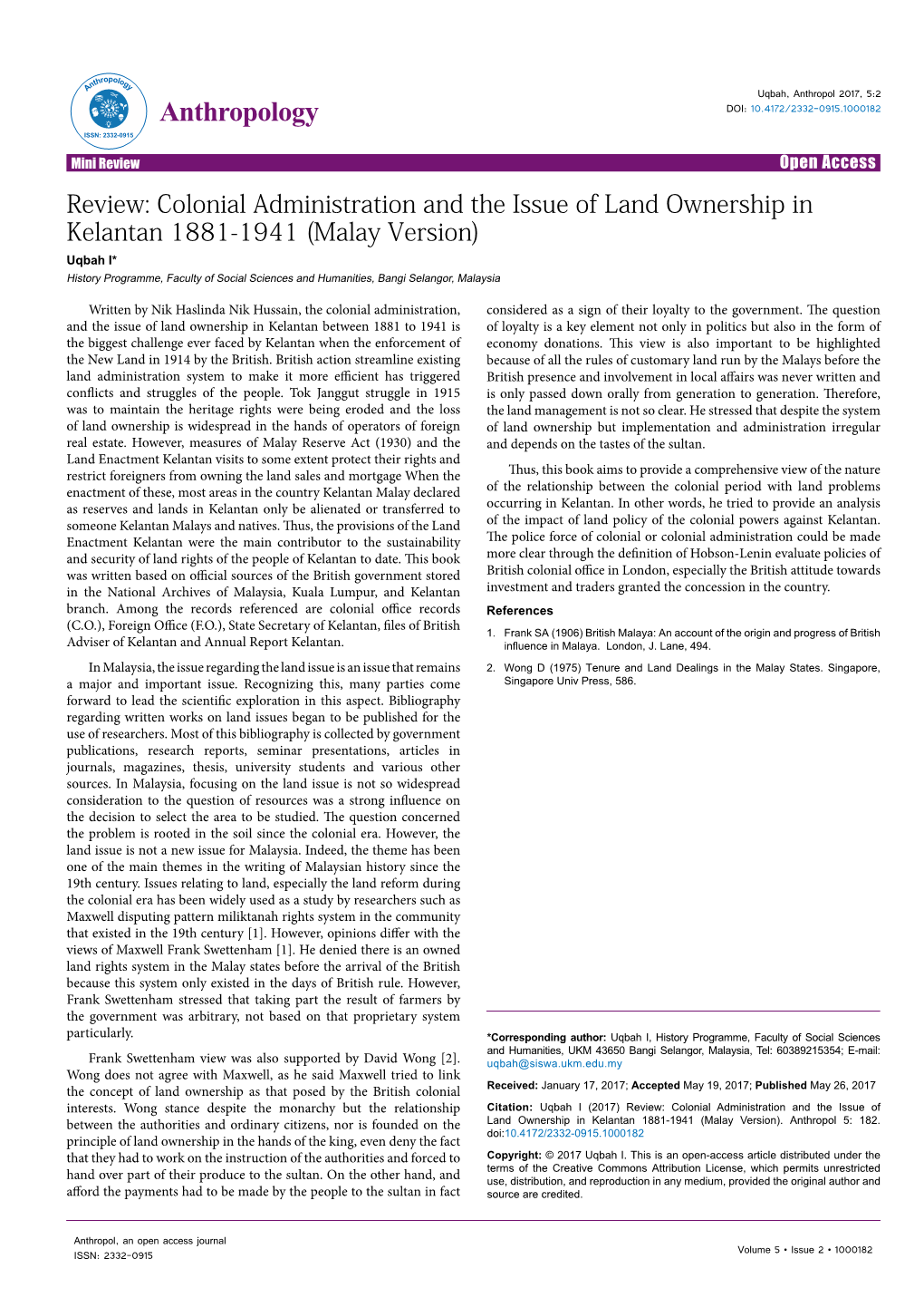 Colonial Administration and the Issue of Land Ownership in Kelantan